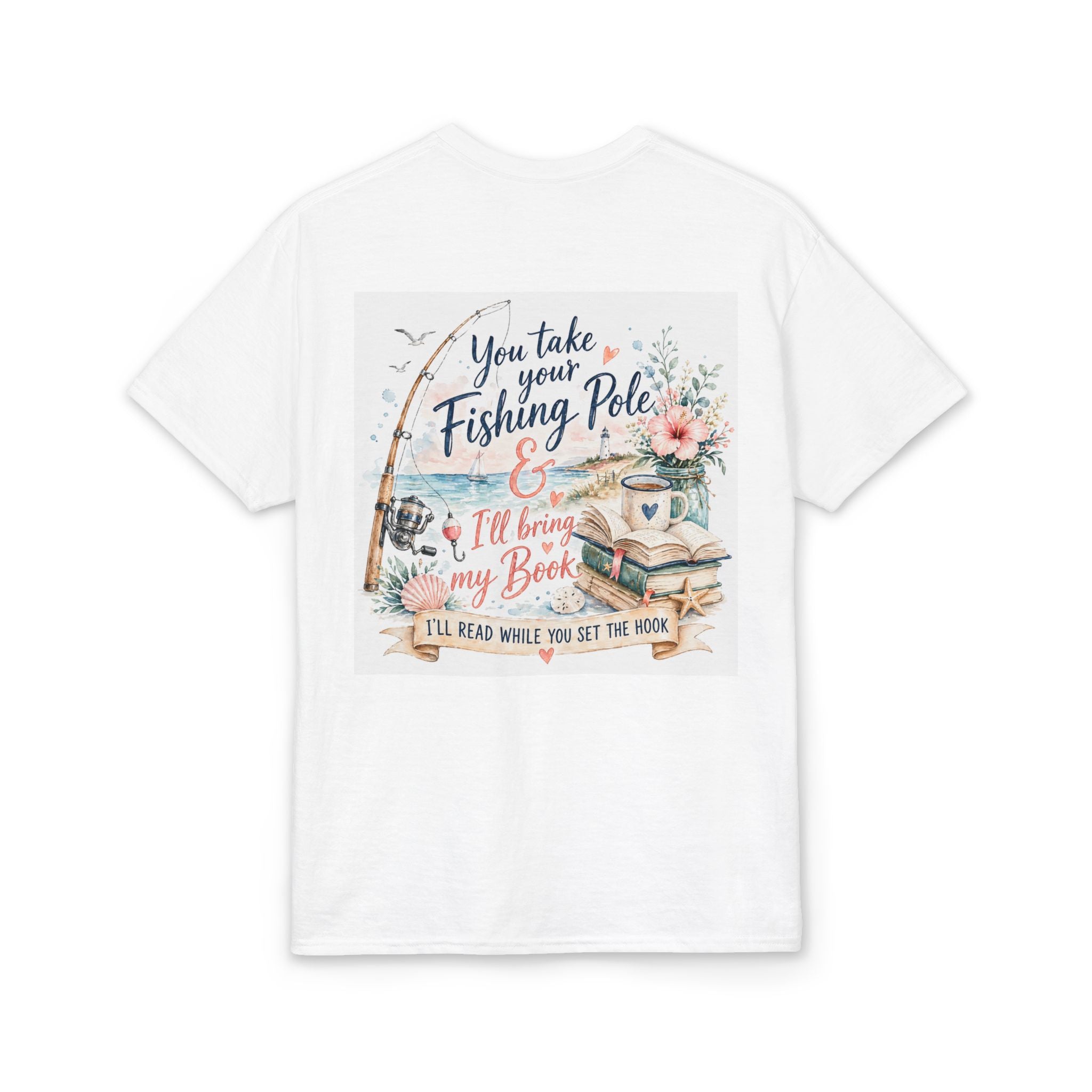Fishing Pole & Book T-Shirt — Funny Cozy Reader Fisherman Shirt
